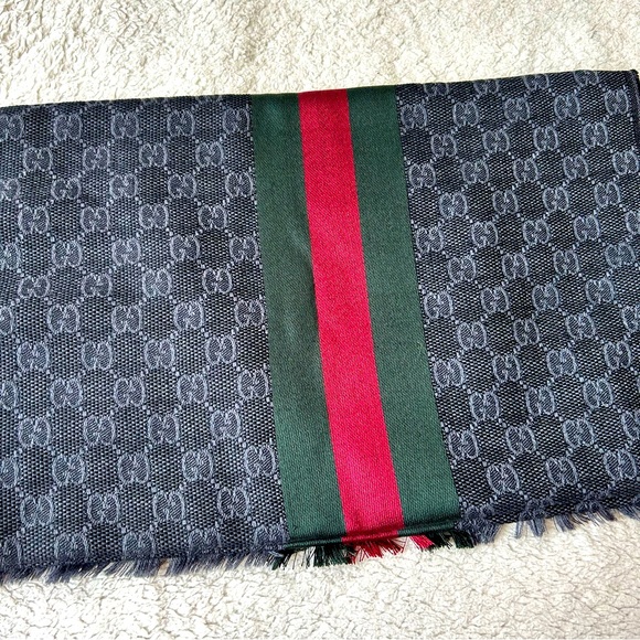 NWT Authentic Gucci GG Tricot Wool Bicolor Scarf Multi Charcoal Gray Unisex - Picture 2 of 11